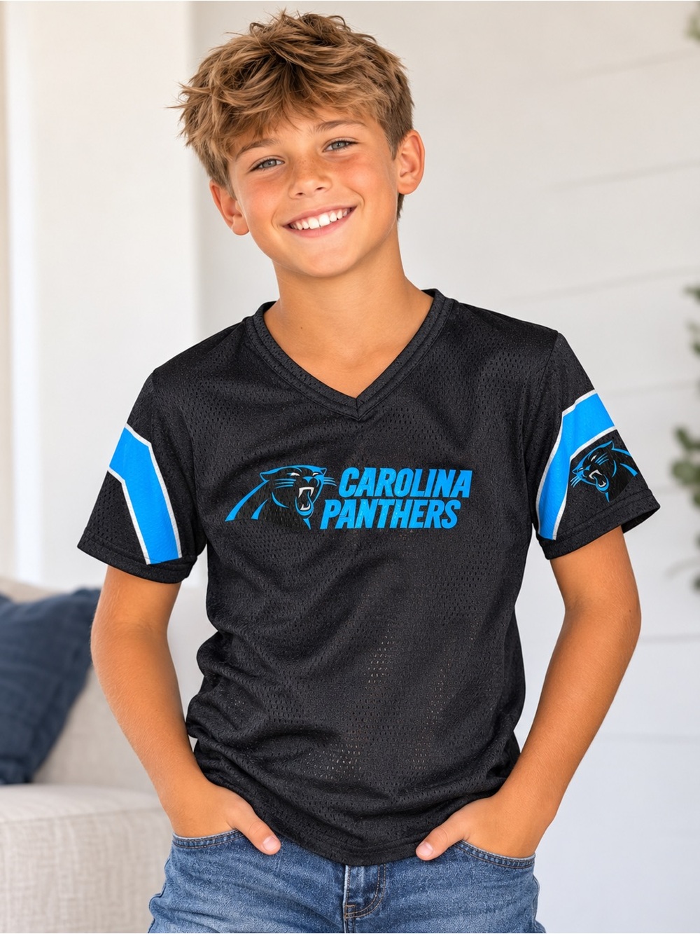 Carolina Panthers Youth Football Kids Black & Blue V-Neck Jersey Size Small